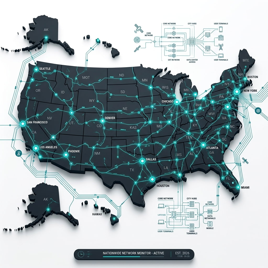 3D visualization map of Ellsmere Clinic Partners nationwide healthcare network nodes and infrastructure across the United States.